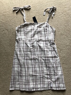 Hollister Women White Pink Plaid Checks Lined Sleeveless Linen Blend Dress  Large