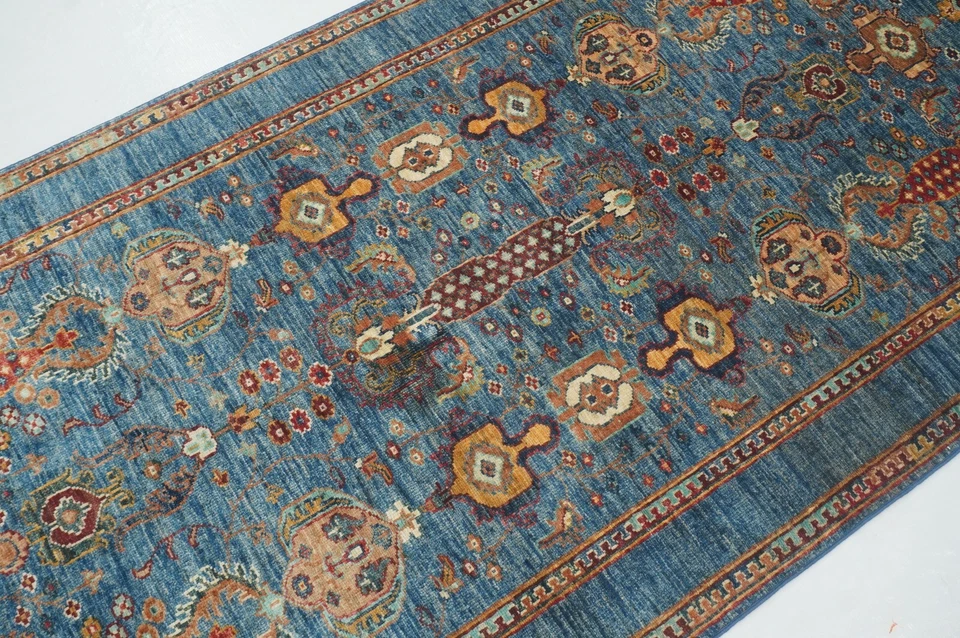 4 x 8 ft Blue Waziri Oriental Afghan Hand knotted Transitional Wide Runner Rug - Image 4 of 4