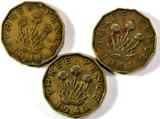 Vintage 1941 Great Britain 3 Pence King George VI Coin 3 x old Collection.