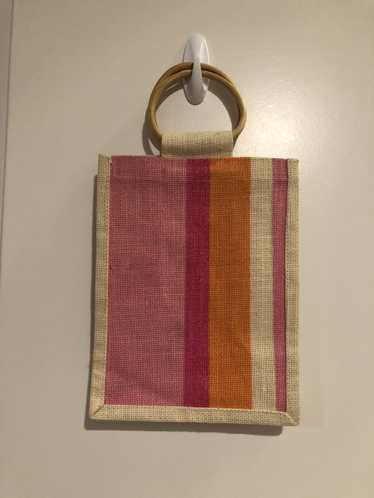 Wood Ring Handle Bag Purse Pink Striped EUC Canvas Jute