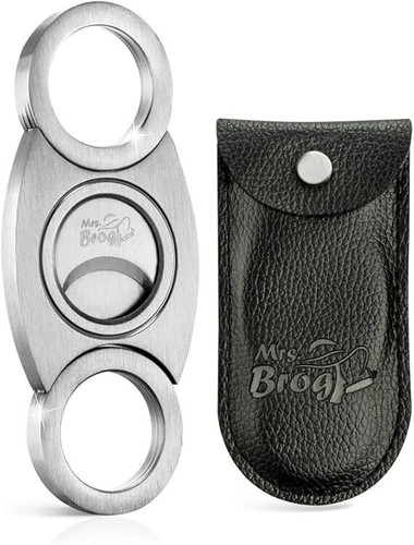 Stainless Steel Cigar Cutter with Back Protector - round Ends and Body - Leather - Imagen 1 de 5