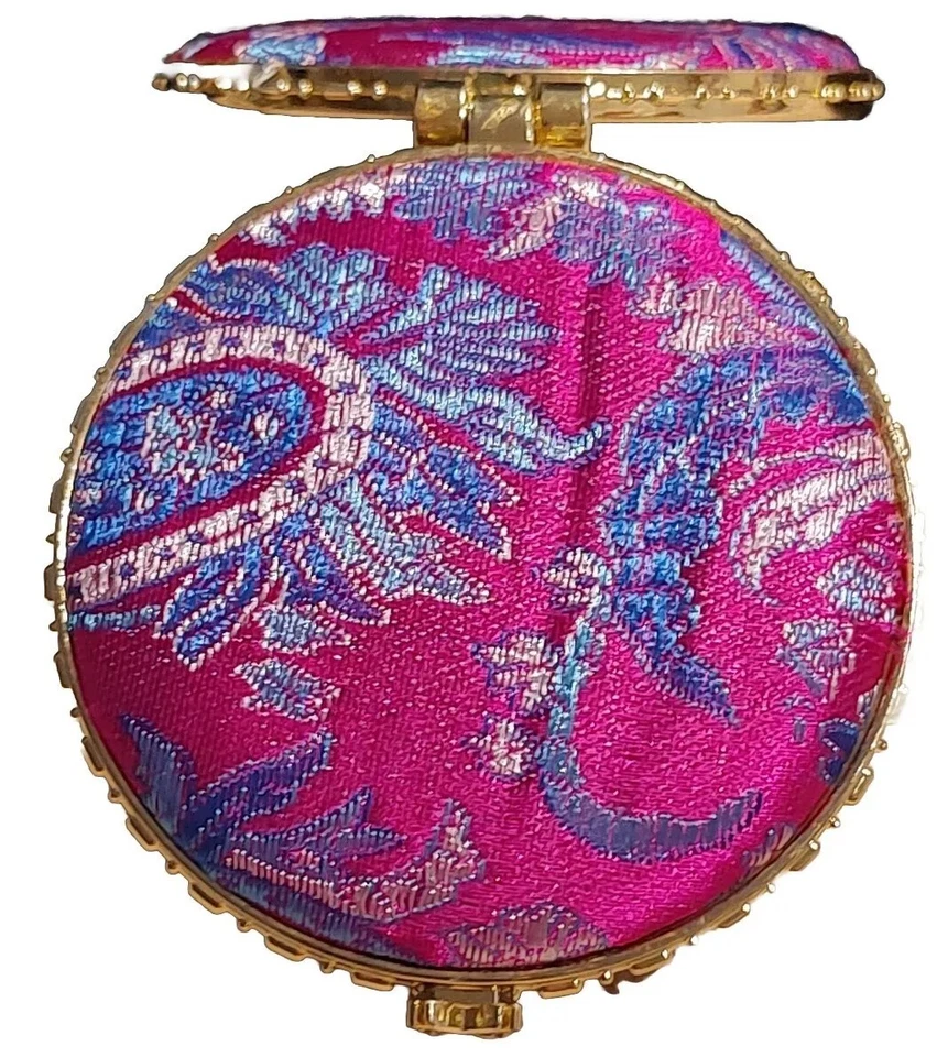 Deluxe Double Mirror Compact Brocade Magenta Green Silver Butterfly Latch Vintag - Image 2 of 4