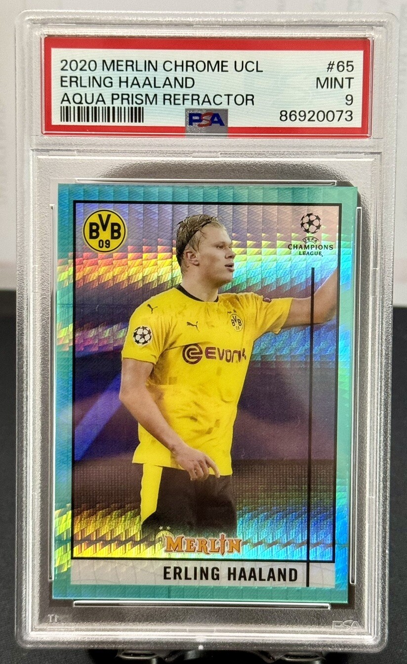 2020 Erling Haaland Topps Merlin Chrome UCL Aqua Prism Refractor PSA 9