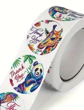 500 pcs Sticker Roll Vibrant Animal Thank You Designs Semi Gloss Self Adhesive