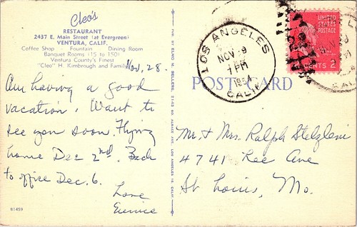 Ventura California c.1940's linen postcard Cleo's Restaurant in 3 views - Picture 4 of 4