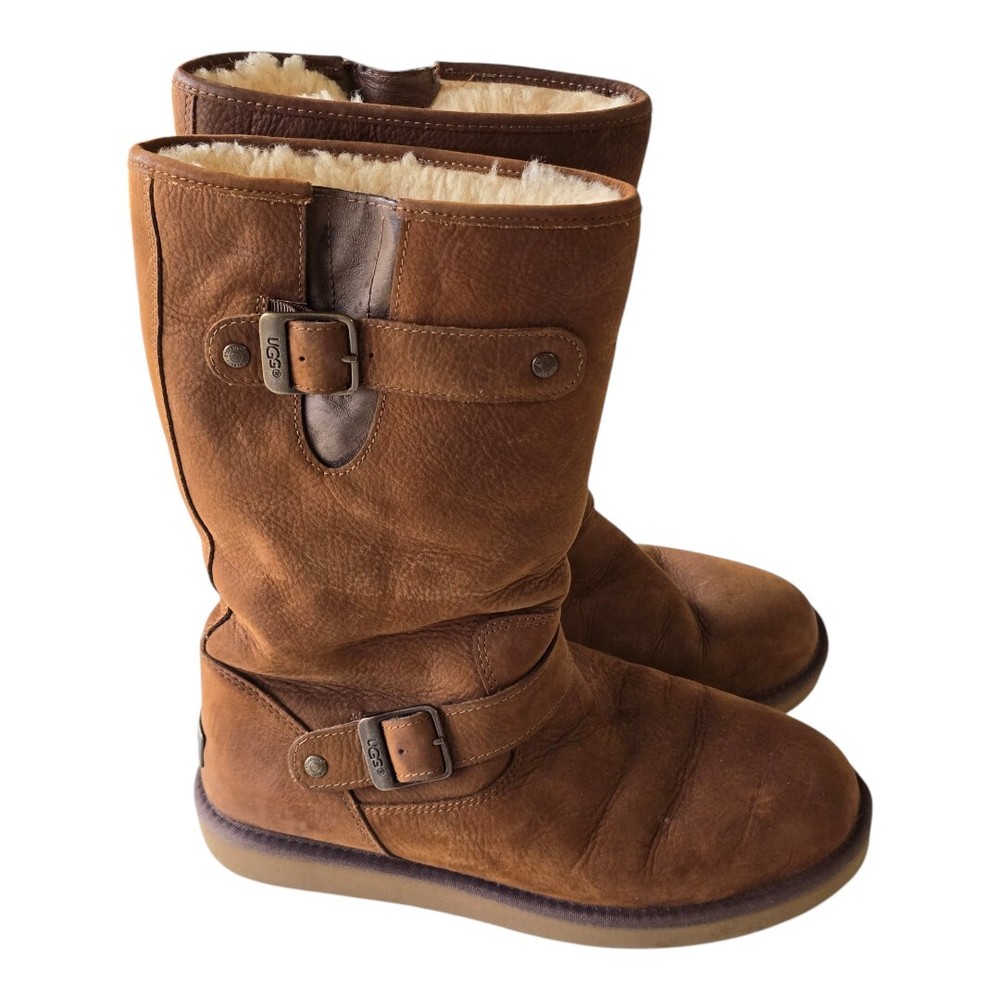 UGG Boots Women's US 9 Sutter Suede Brown UGGpure Fur Buckle Mid Calf Exellent