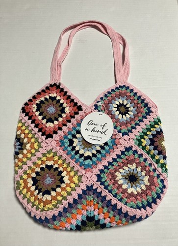 Womens Street Level Boho Crocheted Lined Handbag Granny Square Tote Multi NWT - Picture 2 of 14