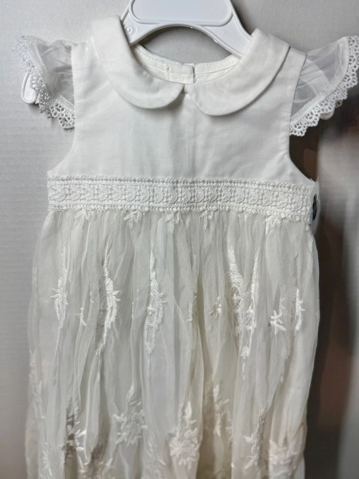 Vestido de batismo Mud Pie herança crochê acabamento em renda 0-6m creme marfim novo com etiquetas - Imagem 3 de 4