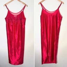 Vintage Dentelle Slip Dress Nightgown Red Floral Long Satin Polyester Women M