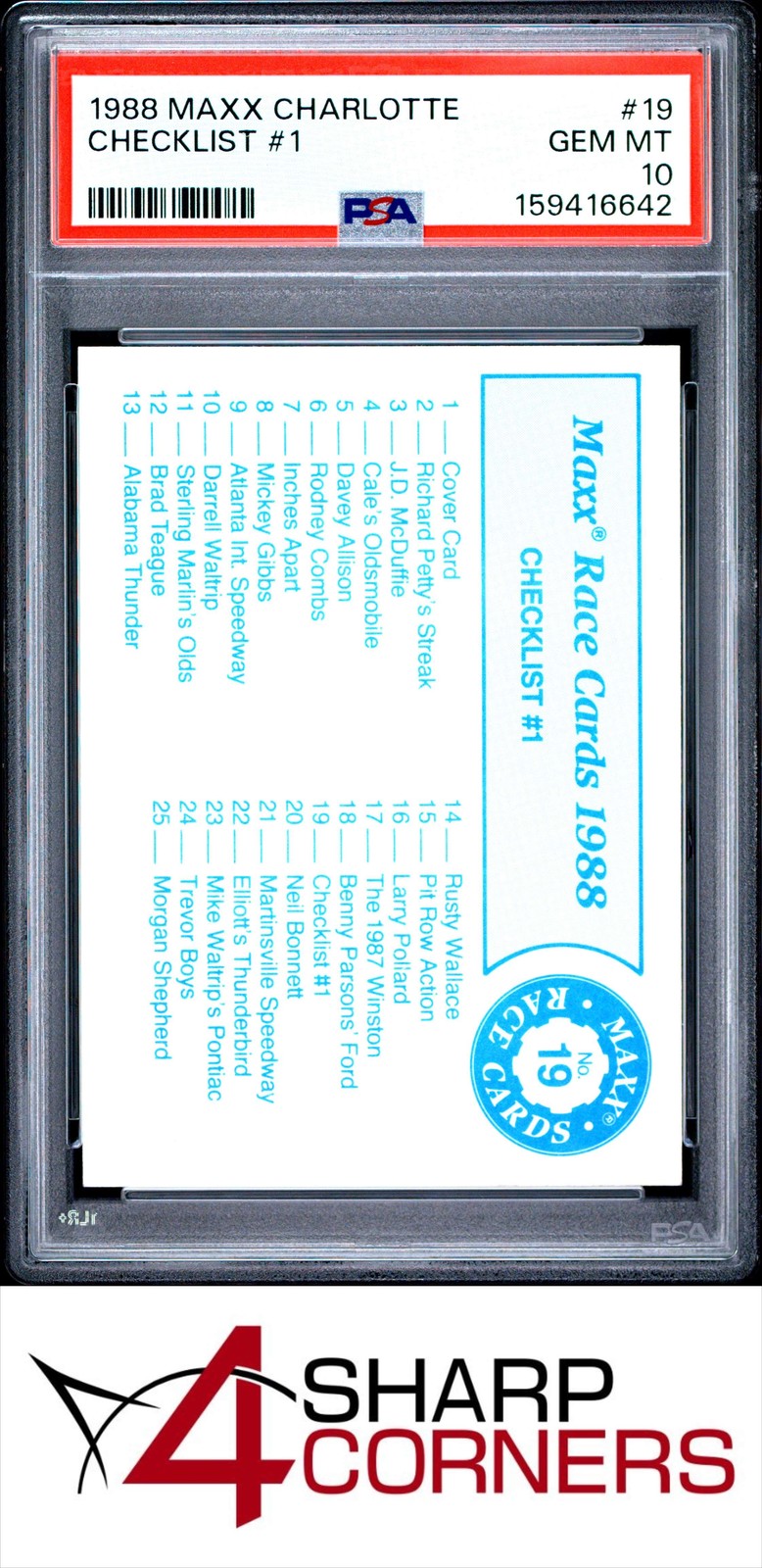 1988 MAXX CHARLOTTE #19 AUTO RACING CHECKLIST #1 PSA 10 view 1