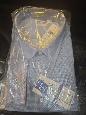 Hagger Men s Long Sleeve Blue Graph Check Classic Fit Shirt| Sz. 20  34/35B New
