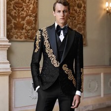 Mens Prom Party Jacquard 3 Pieces Suit with Rhinestone Peaked Lapel Blazer Slim