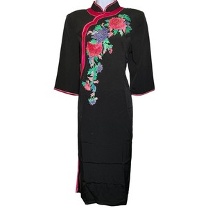 Long Deed Co Cheongsam Dress Est Sz M Black Floral Embroidered Asian Exotic