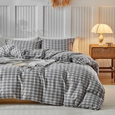 Gray Gingham Duvet Cover King Washed Cotton Plaid Checkered Bedding Set 3 Pie...