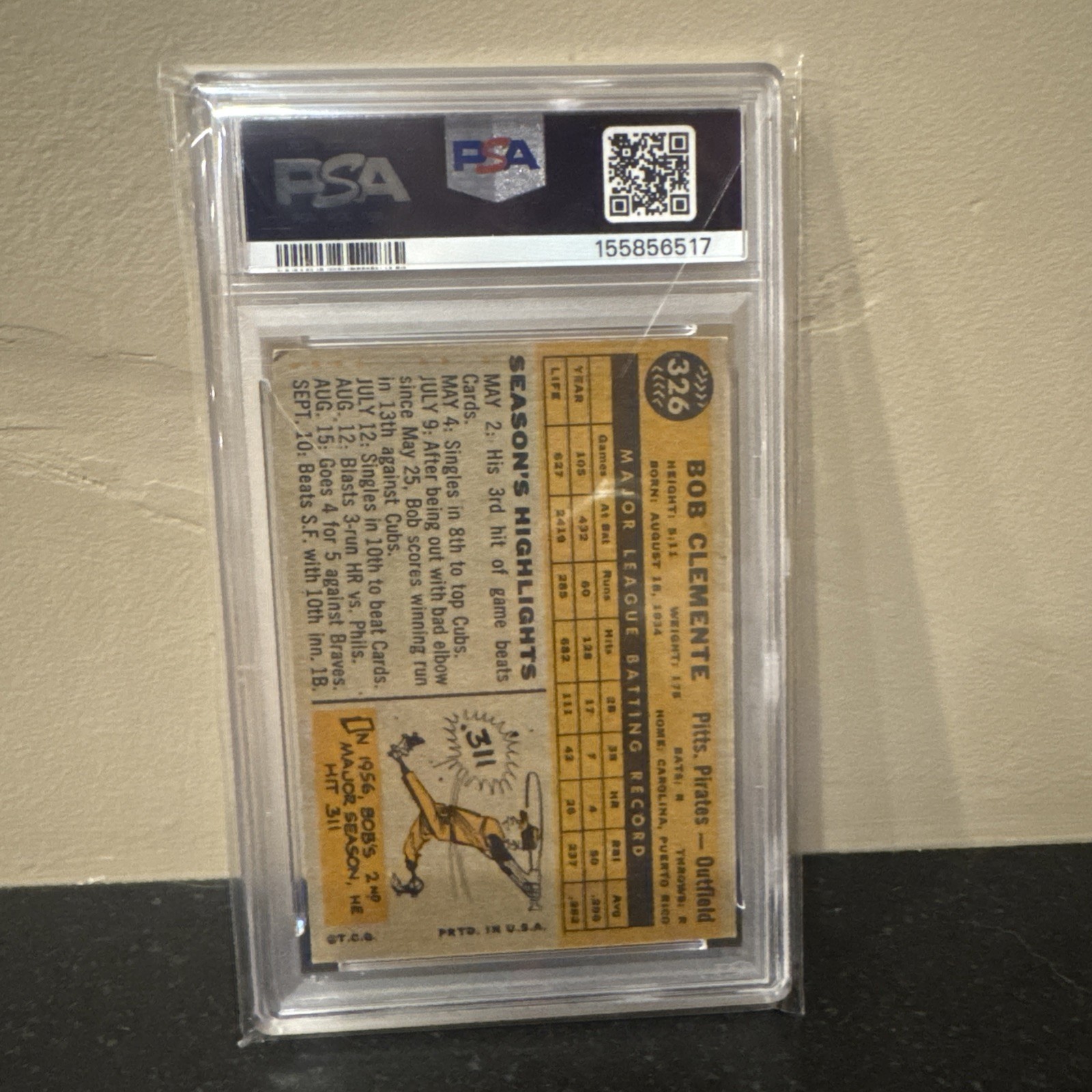 1960 Topps - Roberto Clemente #326 PSA 4 view 2