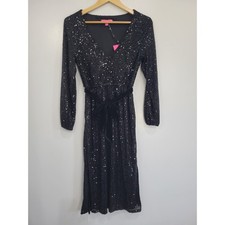 Betsey Johnson Black Sequin Midi Dress V-Neck Velvet Tie Waist Long Sleeve Small