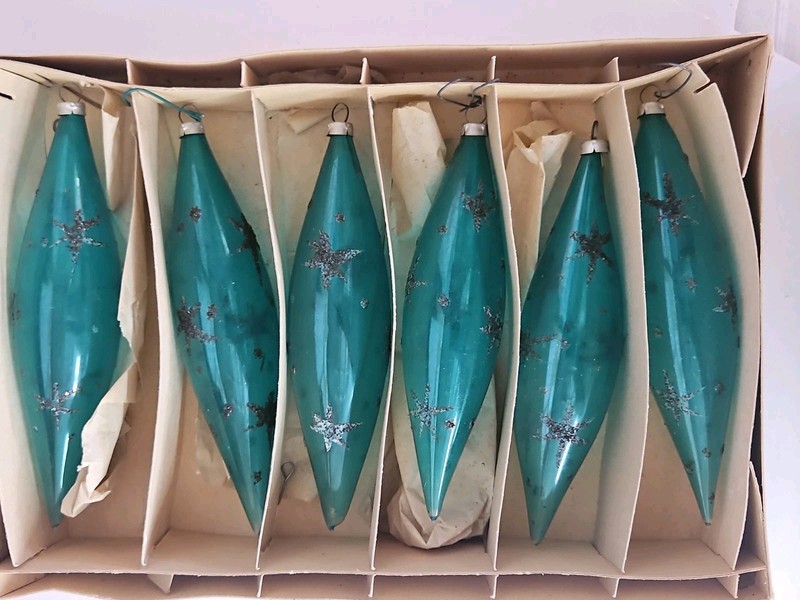 6 U.S.ZONE West Germany Aqua Teardrop Glass Starbright Glitter Christmas W/Box