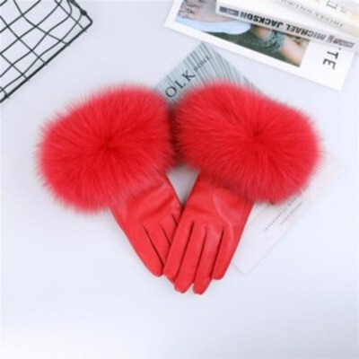 Women's Real Sheepskin Leather Gloves Fox Fur Cuffs Mittens Winter Warm Glove