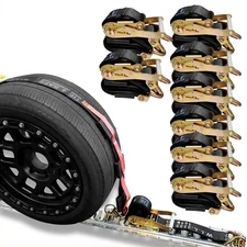 8 PK 2"x10' Over The Wheel Tire Straps w/Ratchet and Wire J Hook WLL 3,333 LBS