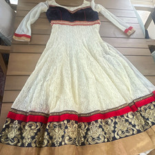 Women  s White Anarkali Salwar Kameez Net Polyester, Embroidered