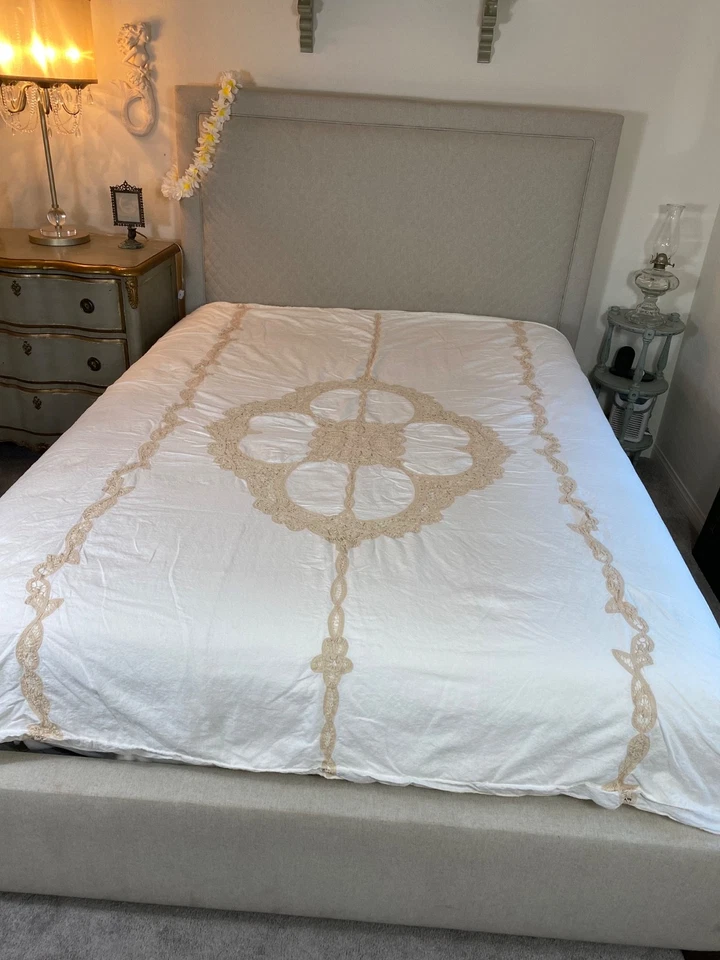 Edredón Queen vintage con encaje Battenburg algodón/ramie victoriano romántico vieira Foto 3 de 4