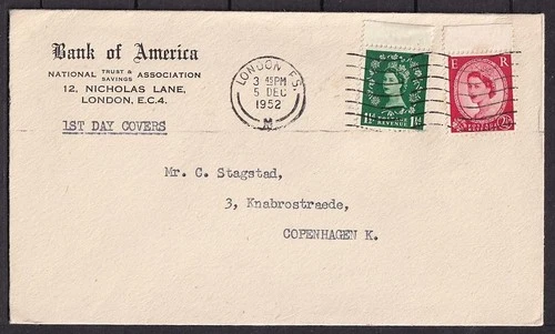 w3945/ England Bank of America Queen Posted FDC Cover t/Denmark 1952