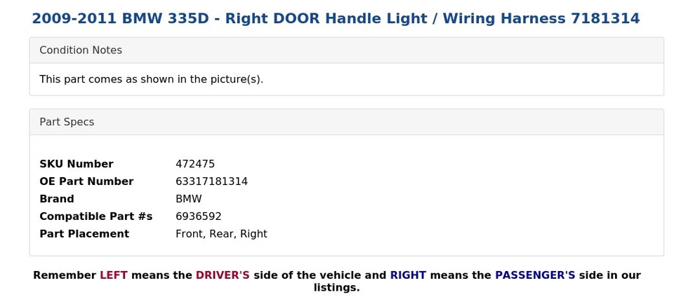 2009-2011 BMW 335D — фонарь с правой дверной ручкой / жгут проводов 7181314 - Изображение 3 из 4