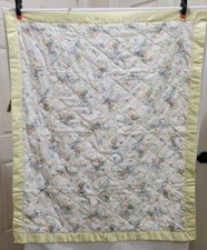 Vintage Precious Moments Bears Baby Quilt Crib Blanket Yellow Satin Trim 36 x 43