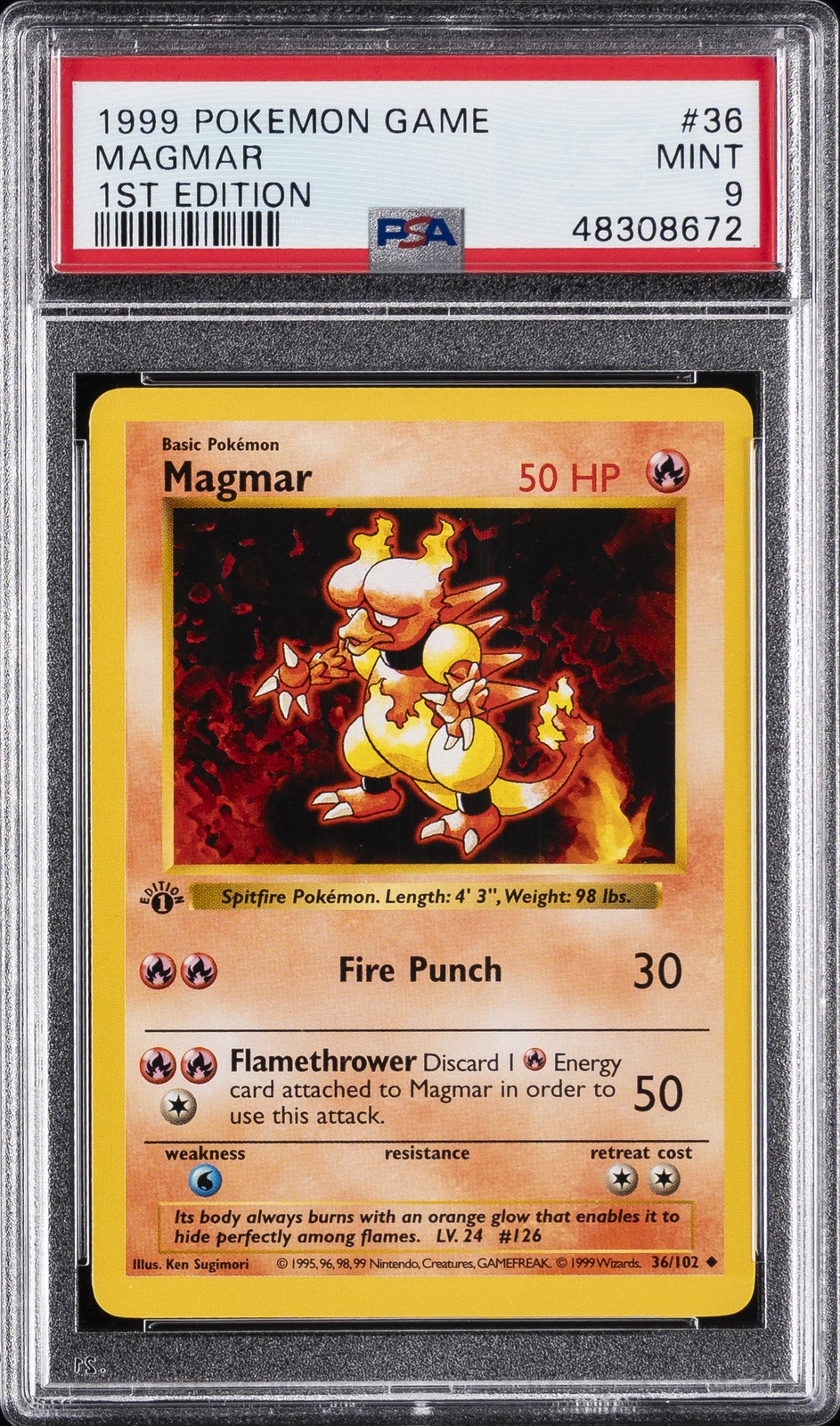 1999 POKEMON BASE SET 1ST EDITION #36 MAGMAR PSA 9