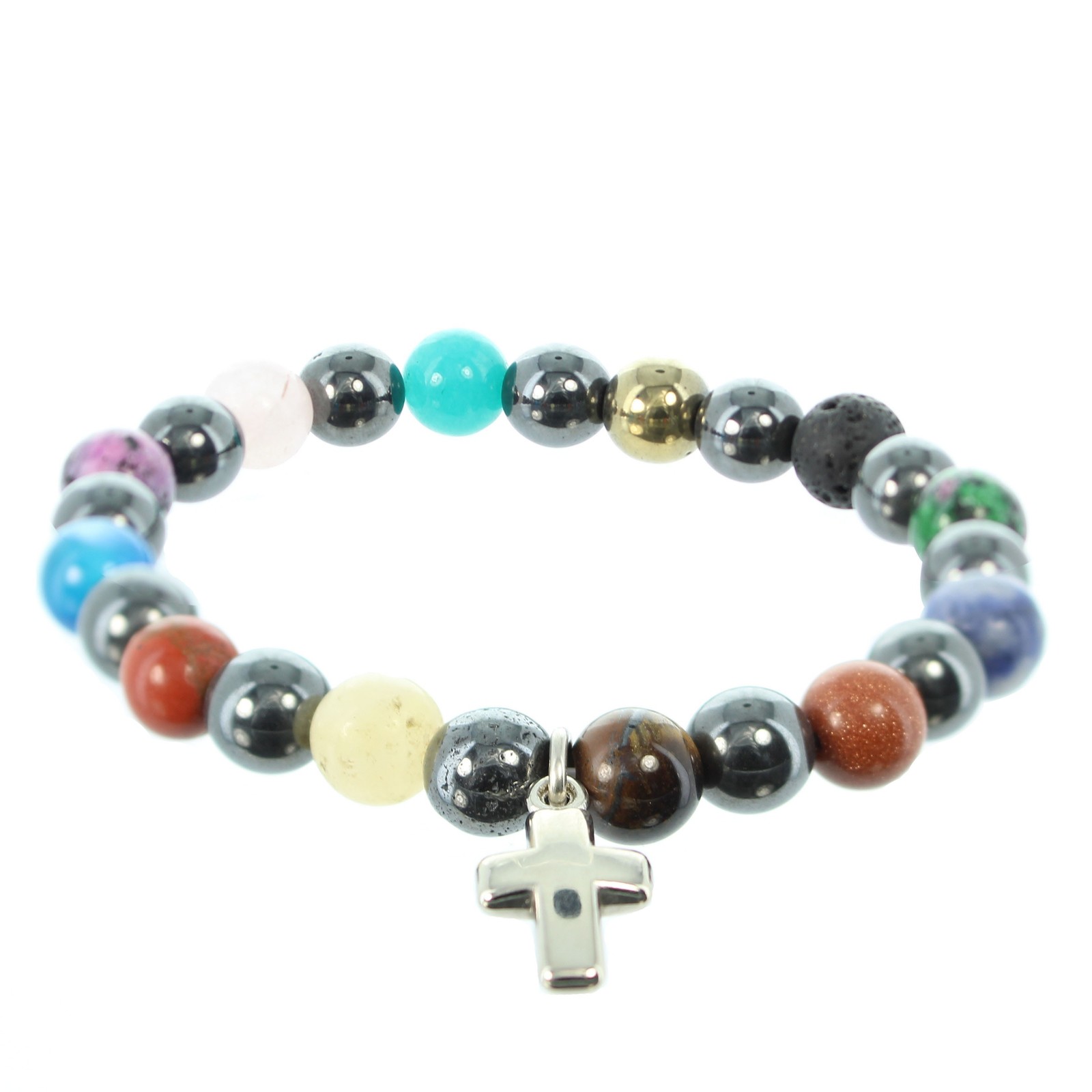 Bracelet hématite pierres naturelles avec croix, bijou lithothérapie élastique noir