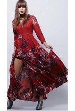 Free People After The Storm Dress Womens 2 Red Floral Maxi Shirt Boho Bohemian