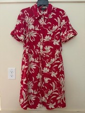 New Women's Halston Printed SS Button Down Shirt Dress Size Medium Red Pockets
