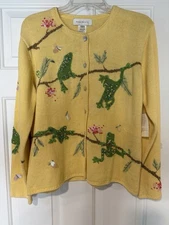 Vintage Susan Bristol Cardigan Yellow Frog Dragonfly Hand Embroidered Large NWT