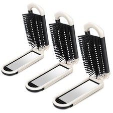 3 Pcs Beige Folding Mini Brush with Mirror for Purse Travel Hair Brush