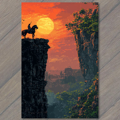 Art Print Wild West Sunset Horseback Cowboy Pixel Style Cliff Canyon Landscape