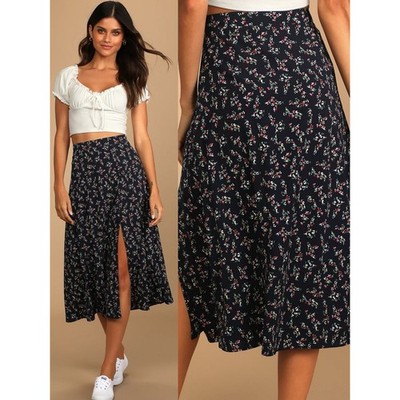 NWT Lulu s Bliss Me Navy Blue Floral Print Midi Skirt Small Cottagecore 1547316