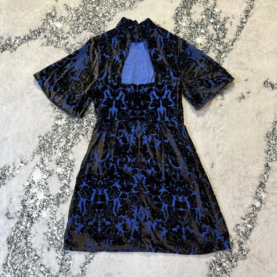 Vestido Anthropologie Mujer Talla 2 Azul Cuello Simulado Terciopelo Burnout Mini Espalda Abierta Foto 2 de 4