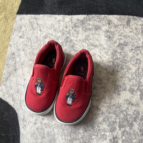 Polo Ralph Lauren Unisex Kids Red Canvas Slip-On Sneakers Embroidered, US 7