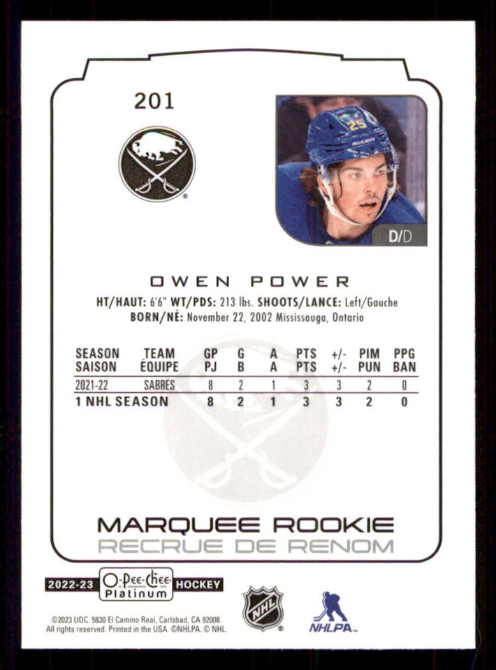 2022-23 O-Pee-Chee Platinum #201 Owen Power RC - Image 2 of 2