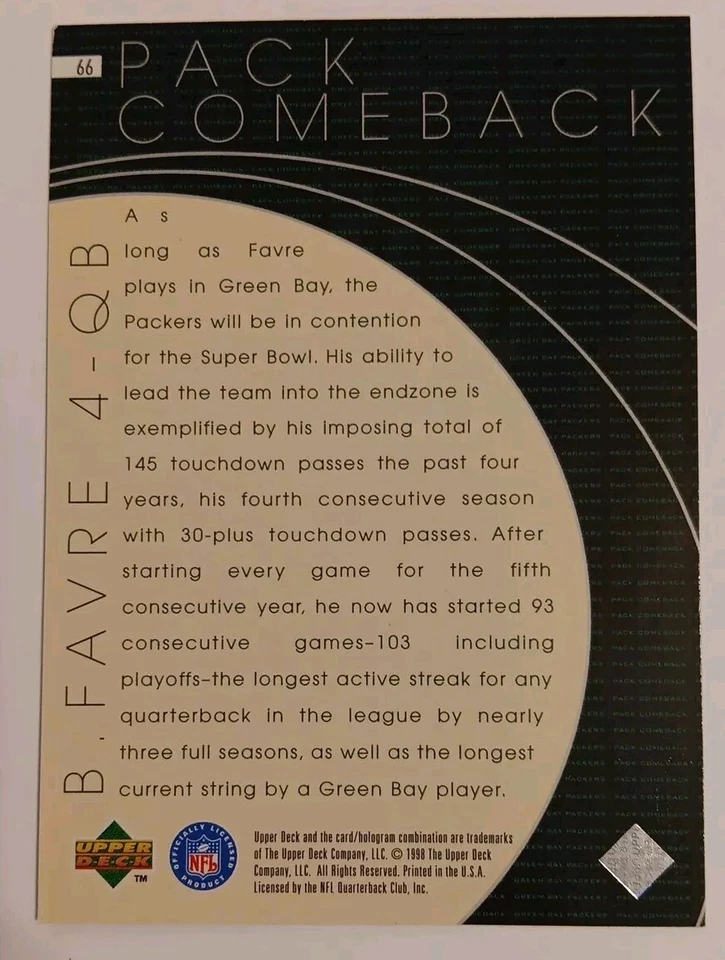 1998 Upper Deck Brett Favre PACK COMEBACK PACKERS SET card #66 - Image 2 of 2