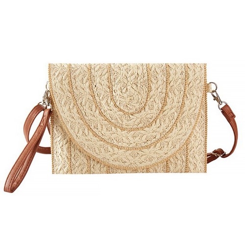 Anthropologie Style Woven Textured Stitch Trim Design Straw Clutch Crossbody Bag - Picture 9 of 14