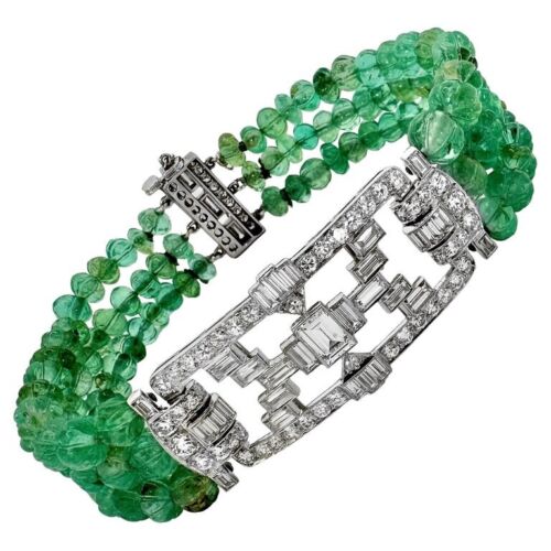Original Art-Deco Period Platinum, Diamond and Emerald Bead Bracelet