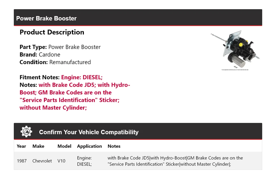 Chevrolet V10 1987 diésel freno eléctrico Booster Cardone Foto 2 de 4