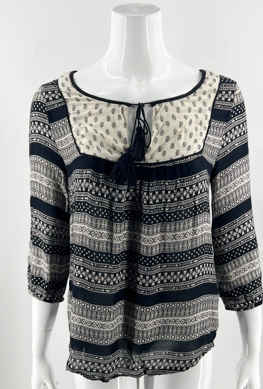 Forever 21 Peasant Top Size S Black Beige Boho Tassel Tie Neck Blouse Womens