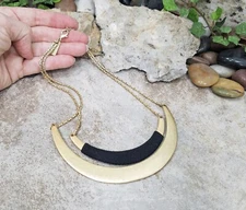 Signed INC. Textured Gold Tone & Black Double Arc Box Chain Bib Choker Necklace