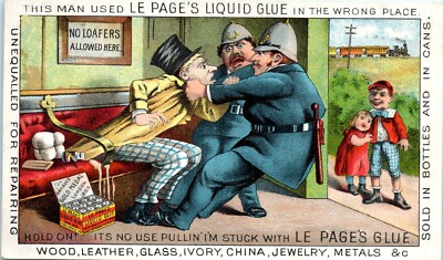 Le Page's Liquid Glue Trade Card Humor Russia Cement Co Gloucester, MA Excellent