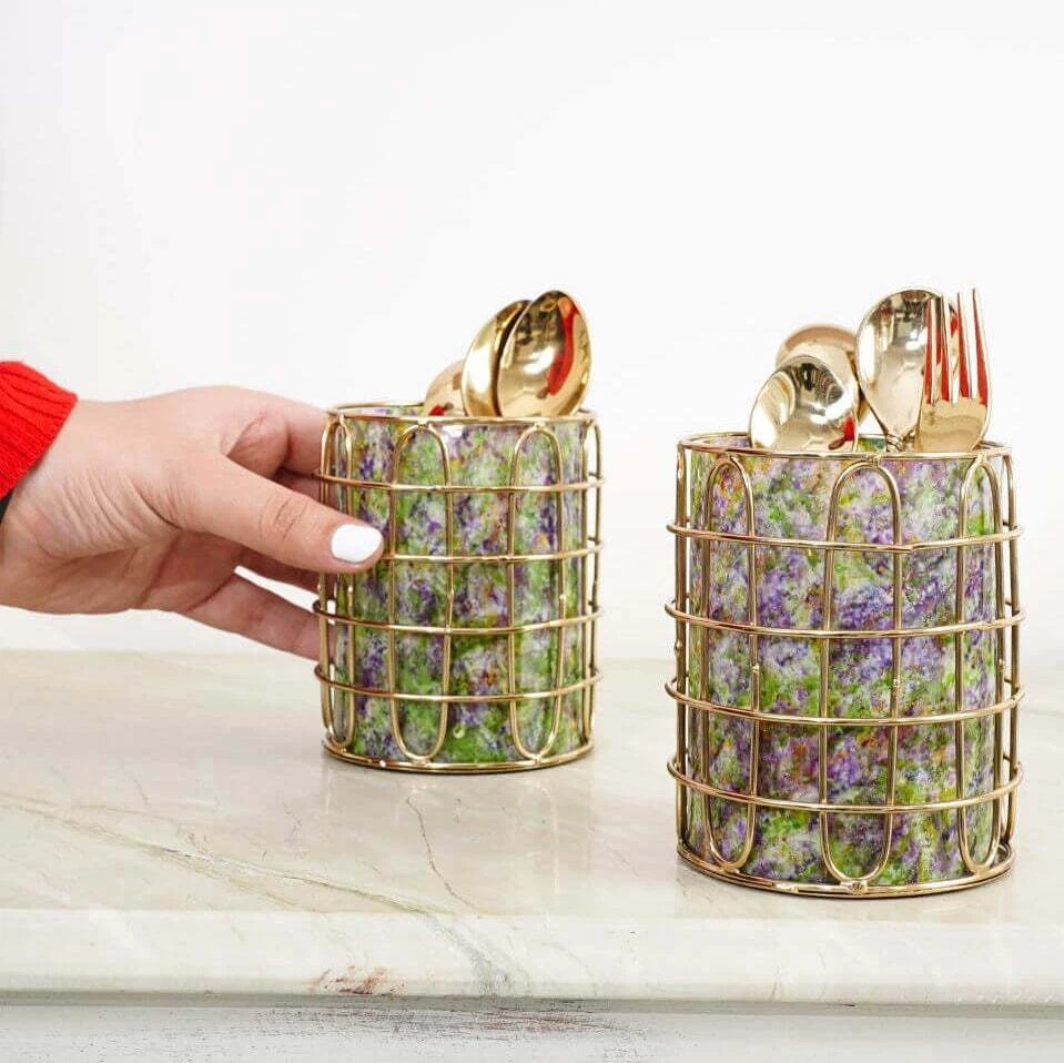 2件套优雅不锈钢(金色)和绿色玻璃银器支架 — 第 2/4 张图片