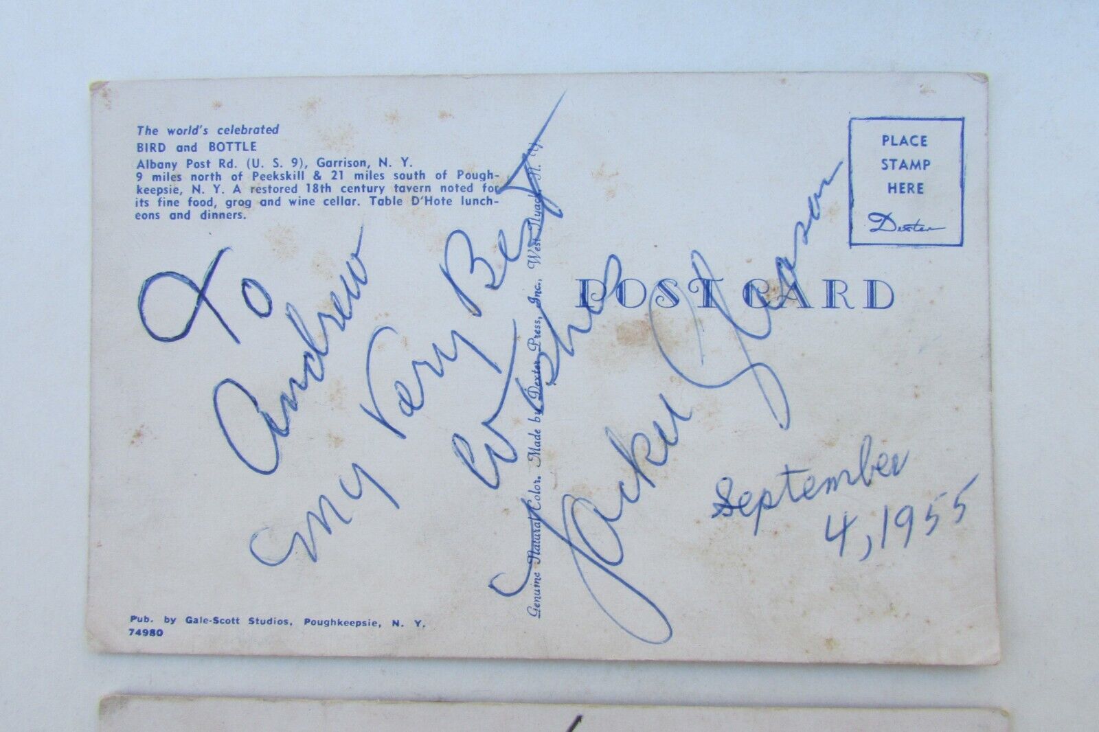 JACKIE GLEASON SIGNED POSTCARDS BIRD AND BOTTLE FROM SEPTEMBER 4, 1955 - Picture 2 of 8