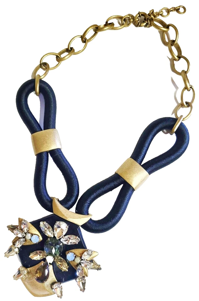 J.Crew Corded Medallion Statement Necklace Black Multi Light Gold Ox Brass B1692 - Image 3 of 4