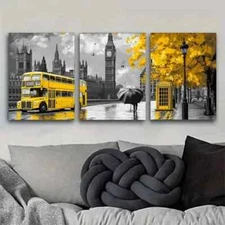 3pcs  Bright Yellow on Black & White London City Wall Art Canvas Framed 50x70cm
